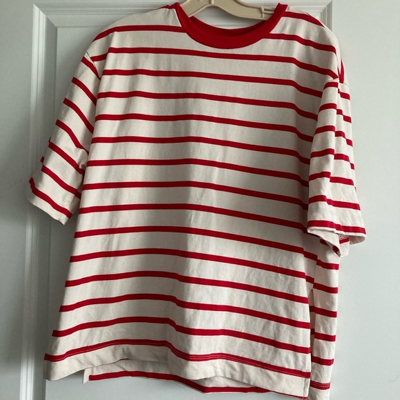 ZARA | red and cream striped t-shirt with slits, 100% cotton, oversized medium - Picture 1 of 4